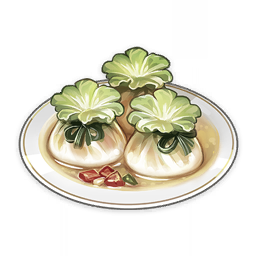 artist_request commentary dumpling english_commentary food food_focus genshin_impact lowres muted_color no_humans official_art plate sauce still_life third-party_source transparent_background