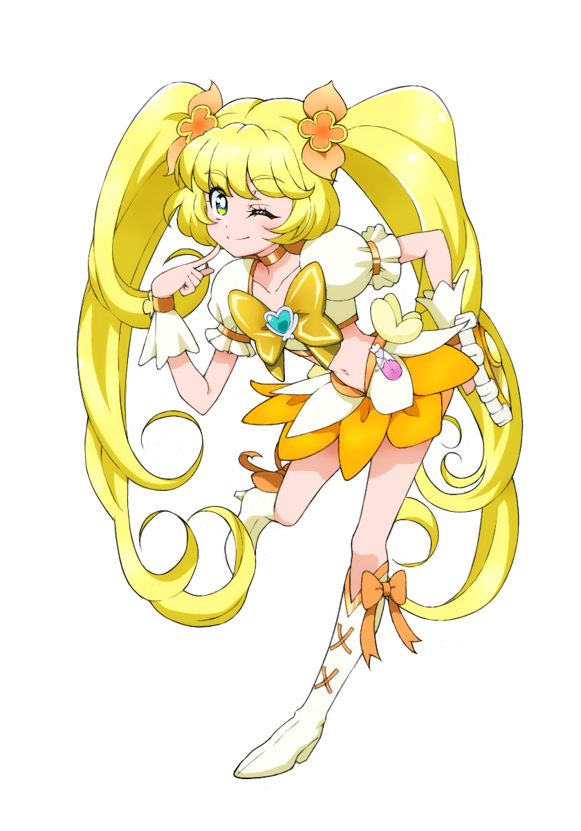 1girl ;) bangs blonde_hair boots bow choker closed_mouth color_connection commentary_request cosplay cropped_shirt cure_sunshine cure_sunshine_(cosplay) curly_hair eyebrows_visible_through_hair finger_to_face frilled_cuffs frilled_sleeves frills green_eyes hand_on_hip heartcatch_precure! high_heel_boots high_heels highres ichinose_minori kayabakoro knee_boots leg_up long_hair looking_at_viewer magical_girl midriff navel one_eye_closed orange_bow orange_choker orange_skirt pose precure puffy_short_sleeves puffy_sleeves series_connection shirt short_sleeves simple_background skirt smile solo standing standing_on_one_leg tropical-rouge!_precure twintails very_long_hair white_background white_footwear white_shirt