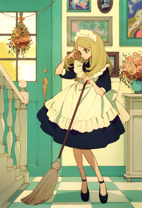 1girl adjusting_hair akiyama_enma ankle_strap apron back_bow black_dress black_footwear bouquet bow broom checkered_floor cigarette collared_dress contrapposto door door_handle dress expressionless facing_viewer floor flower foyer frilled_apron frills full_body green_eyes hairband hand_up high_collar high_heels indoors light_brown_hair looking_afar maid maid_headdress medium_hair original painting_(object) picture_frame pink_flower pink_rose puffy_short_sleeves puffy_sleeves red_flower red_rose rose shadow short_dress short_sleeves smoking solo stairs standing table vase wall white_apron white_bow white_flower white_hairband yellow_flower