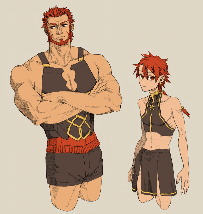 2boys alexander_(fate) armor bare_shoulders beard braid crop_top crossed_arms dual_persona facial_hair fate/grand_order fate/zero fate_(series) iskandar_(fate) leather_armor midriff multiple_boys no_cape older pectoral_cleavage pectorals red_eyes redhead shorts single_braid tnaym younger