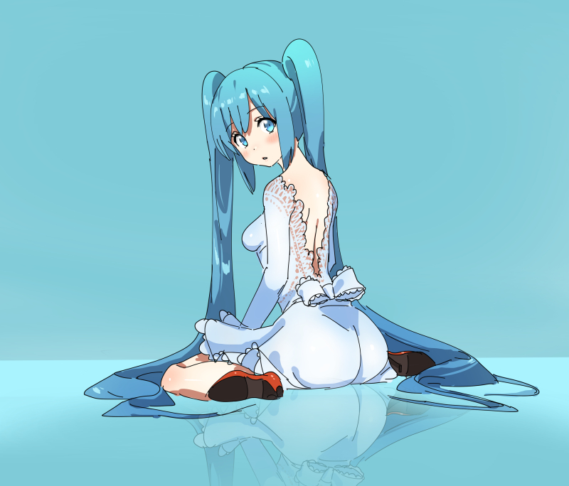 1girl aqua_eyes aqua_hair bangs blue_background blush breasts dress eyebrows_visible_through_hair flower hair_between_eyes hatsune_miku head_tilt long_hair long_sleeves looking_at_viewer medium_breasts n_(n45987607) parted_lips red_flower reflective_floor simple_background sitting solo symbol-only_commentary twintails very_long_hair vocaloid white_dress