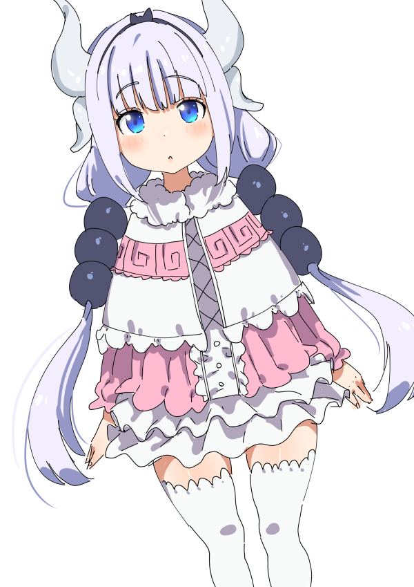 1girl :o bangs beads blue_eyes blunt_bangs blush commentary_request dragon_girl dragon_horns dress duplicate frills fur_collar hair_beads hair_ornament hairband horns kanna_kamui kobayashi-san_chi_no_maidragon light_purple_hair long_hair looking_at_viewer low_twintails n_(n45987607) parted_lips pixel-perfect_duplicate simple_background solo thigh-highs twintails very_long_hair white_background white_legwear