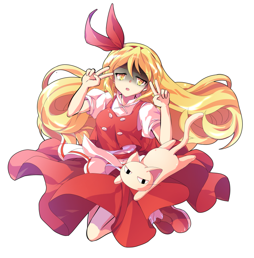 1boy 1girl alphes_(style) animal bangs blonde_hair breasts buttons cat commentary_request dairi double_v ellen_(touhou) eyebrows eyebrows_visible_through_hair full_body hair_between_eyes hairband loafers long_hair looking_at_viewer medium_breasts open_mouth parody pet puffy_short_sleeves puffy_sleeves red_footwear red_hairband red_ribbon red_shirt red_skirt ribbon shirt shoes short_sleeves skirt skirt_set smile socks sokrates_(touhou) solo style_parody tongue touhou touhou_(pc-98) transparent_background undershirt v v-shaped_eyebrows white_cat white_legwear white_shirt