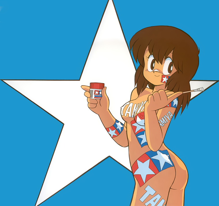 1girl ass bangs body_writing bodypaint bottle brown_eyes brown_hair covered_nipples cowboy_shot facepaint holding holding_bottle holding_paintbrush long_hair moko-chan non-web_source official_art paintbrush smile solo star_(symbol) tamiya_incorporated