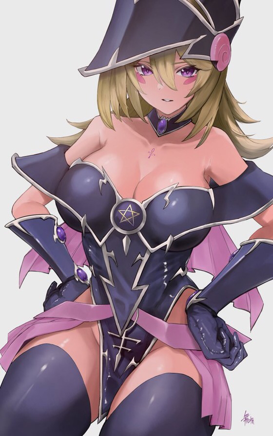 1girl bare_shoulders blonde_hair breasts choker cleavage duel_monster facial_tattoo female gloves grey_background hat highres katakumusou large_breasts long_hair magi_magi_magician_gal purple_eyes simple_background smile solo tattoo wizard_hat yu-gi-oh! yu-gi-oh!_zexal yuu-gi-ou yuu-gi-ou_zexal