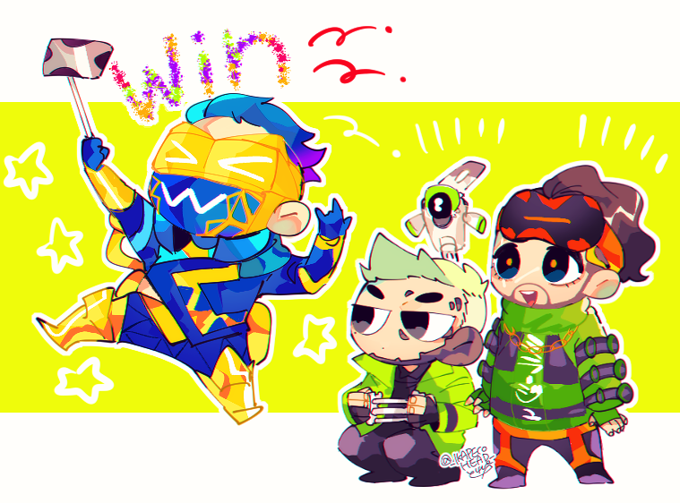 3boys \m/ angel_city_hustler_mirage apex_legends black_eyes blue_eyes blue_gloves blue_hair blue_jacket brown_hair chain chibi crypto_(apex_legends) drone fast_fashion_octane fuzzy_logic_crypto gloves goggles goggles_on_head gold_chain green_jacket hack_(apex_legends) hair_slicked_back jacket male_focus mask mirage_(apex_legends) mouth_mask multiple_boys octane_(apex_legends) repikinoko selfie selfie_stick signature smile star_(symbol) twitter_username