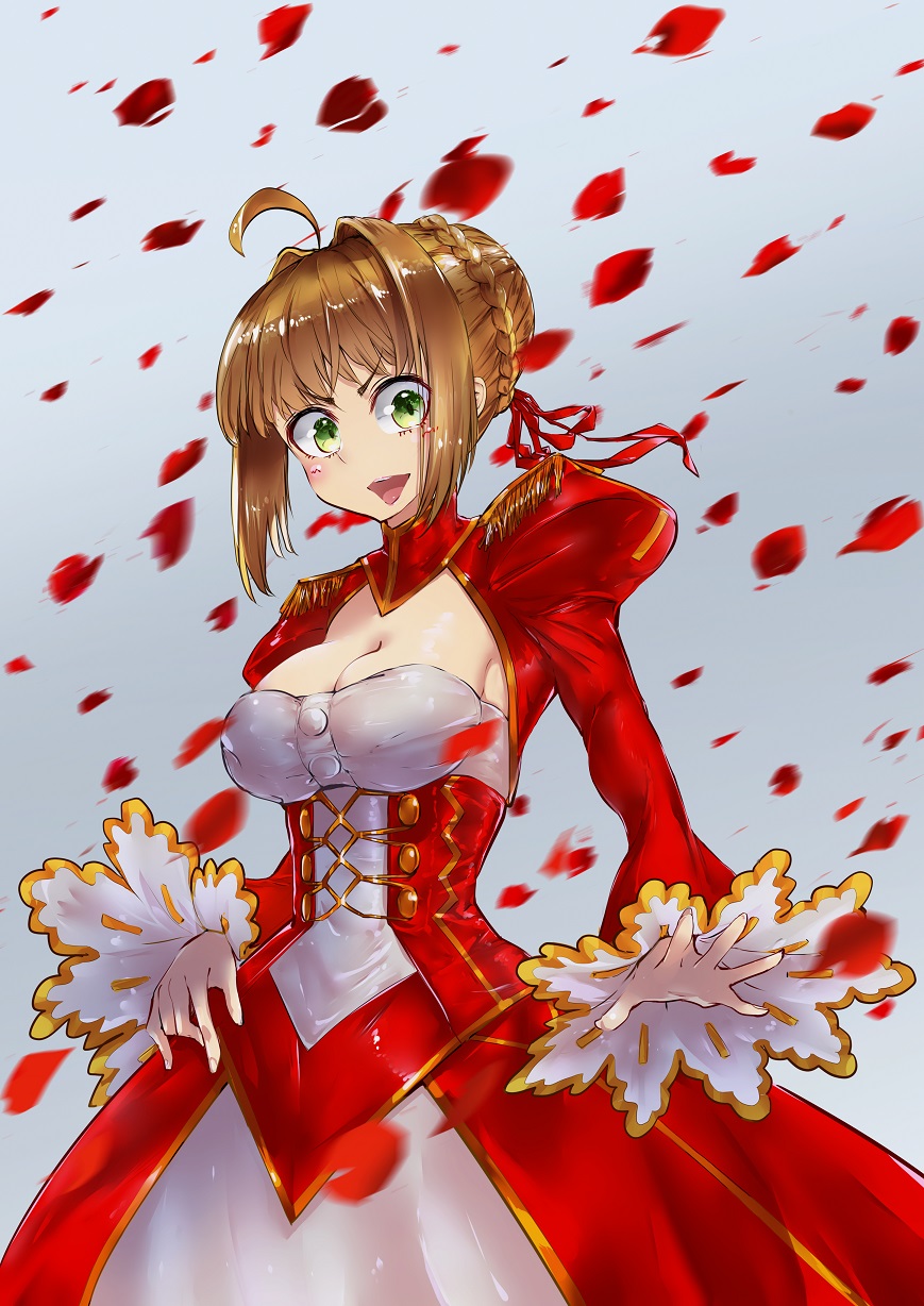 1girl aestus_estus ahoge blonde_hair blurry braid breasts cleavage commentary_request corset dress epaulettes fate/extra fate/grand_order fate_(series) flower french_braid green_eyes hair_flower hair_intakes hair_ornament hair_ribbon highres juliet_sleeves large_breasts long_sleeves looking_at_viewer nero_claudius_(fate) nero_claudius_(fate)_(all) nogami_(tireiden1) ocean petals puffy_sleeves red_dress red_ribbon ribbon saber_extra see-through short_hair smile solo sword weapon wide_sleeves