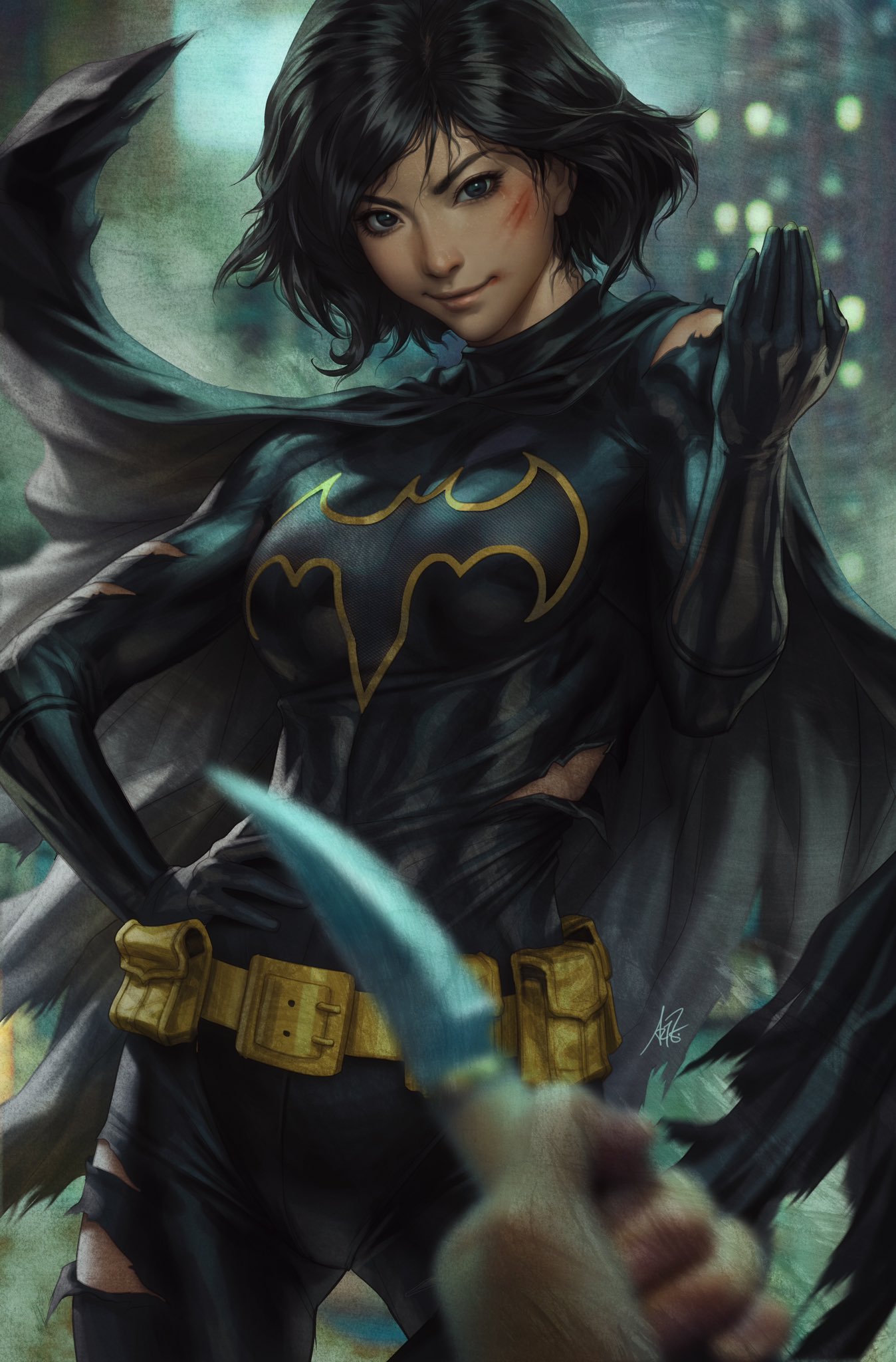 1girl batgirl batman_(series) belt black_cape black_eyes black_hair blood blood_on_face bodysuit breasts cape cassandra_cain commentary dc_comics english_commentary fighting_stance gloves hand_on_hip highres holding holding_knife injury knife no_mask short_hair smile solo_focus stanley_lau superhero torn_bodysuit torn_cape torn_clothes utility_belt