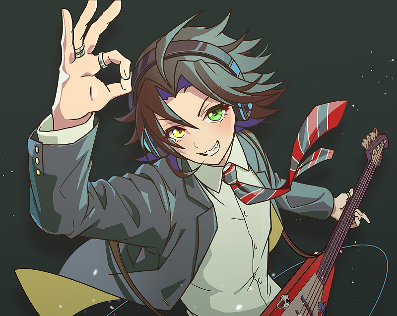 1boy bangs black_hair commentary_request green_eyes grin guitar hair_between_eyes headphones heterochromia holding holding_instrument hypnosis_mic instrument jacket jewelry long_sleeves looking_at_viewer male_focus mole mole_under_eye mole_under_mouth necktie ok_sign open_clothes open_jacket ring shirt simple_background smile solo striped striped_necktie yamada_jirou yellow_eyes yoruhachi