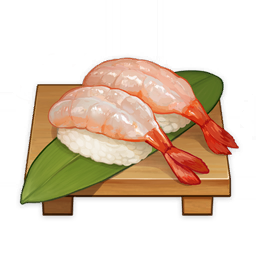 artist_request commentary cutting_board english_commentary food food_focus genshin_impact leaf lowres no_humans official_art rice shrimp still_life sushi third-party_source transparent_background