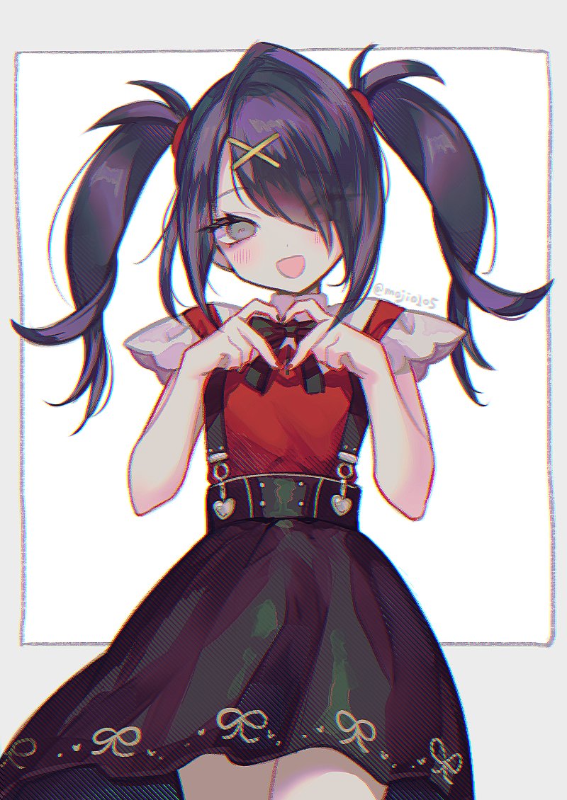 1girl ame-chan_(needy_girl_overdose) bare_thighs black_bow black_eyebrows black_eyelashes black_hair black_nails black_skirt blush bow dress eyebrows eyebrows_visible_through_hair eyelashes face facing_viewer grey_eyes hair hair_between_eyes happy head_tilt heart heart_hands legs legs_together looking_at_viewer moji0105 needy_girl_overdose one_eye_covered open_eyes open_mouth pale_skin side_ponytail simple_background skirt smile solo standing suspender_skirt suspenders thighs twintails white_background x_hair_ornament