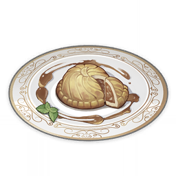 artist_request commentary english_commentary food food_focus genshin_impact leaf lowres muted_color no_humans official_art pie plate sauce still_life third-party_source transparent_background