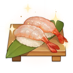 artist_request commentary cutting_board english_commentary food food_focus genshin_impact leaf lowres no_humans official_art rice shrimp sparkle still_life sushi third-party_source transparent_background