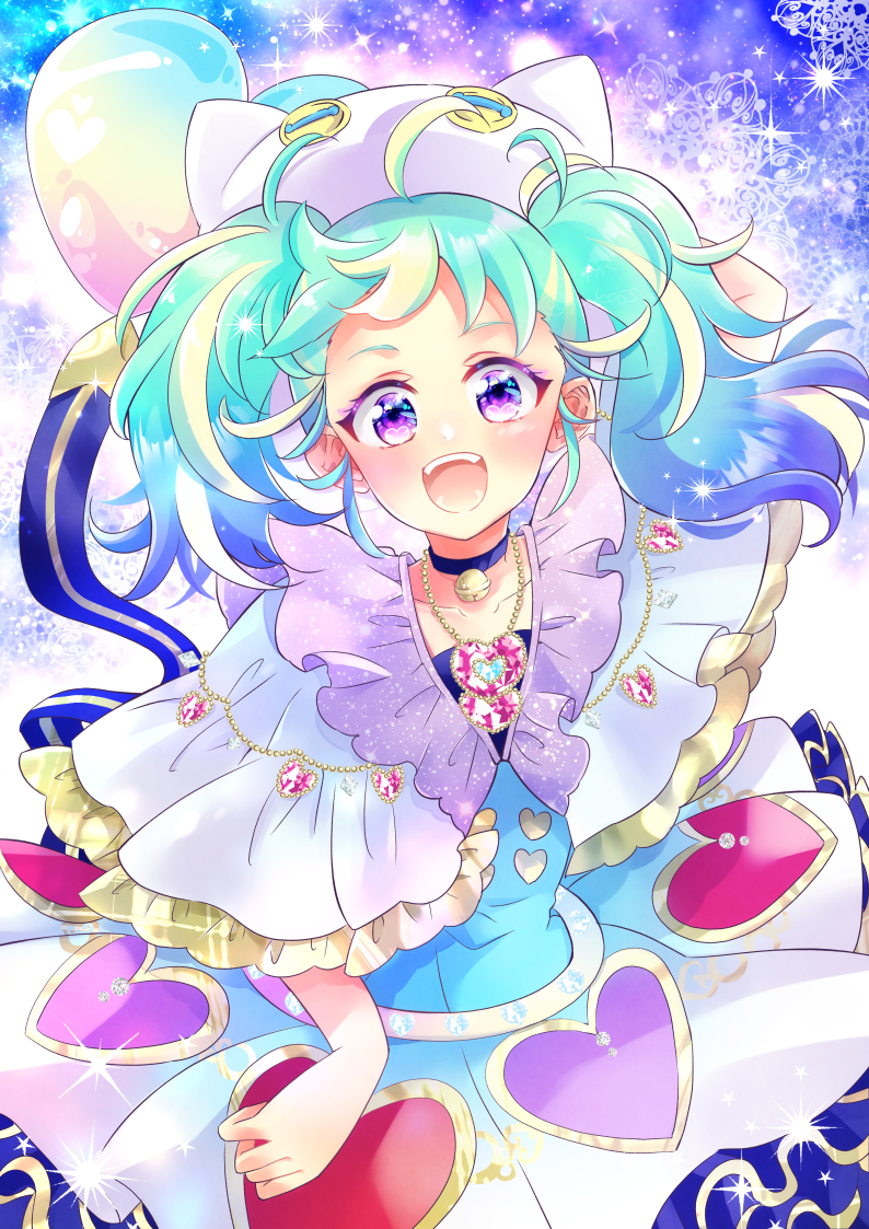 :d ahoge animal_hat aqua_hair bell blonde_hair blue_choker blue_hair blush cat_hat choker commentary dress gem hair_strand hat heart heart_in_eye heart_necklace heart_print heart_tail ishii_yuka jewelry jingle_bell lace_background multicolored_clothes multicolored_dress multicolored_hair myamu neck_bell open_mouth pretty_(series) round_teeth smile sparkle streaked_hair symbol_in_eye tail teeth twintails upper_body upper_teeth violet_eyes waccha_primagi!