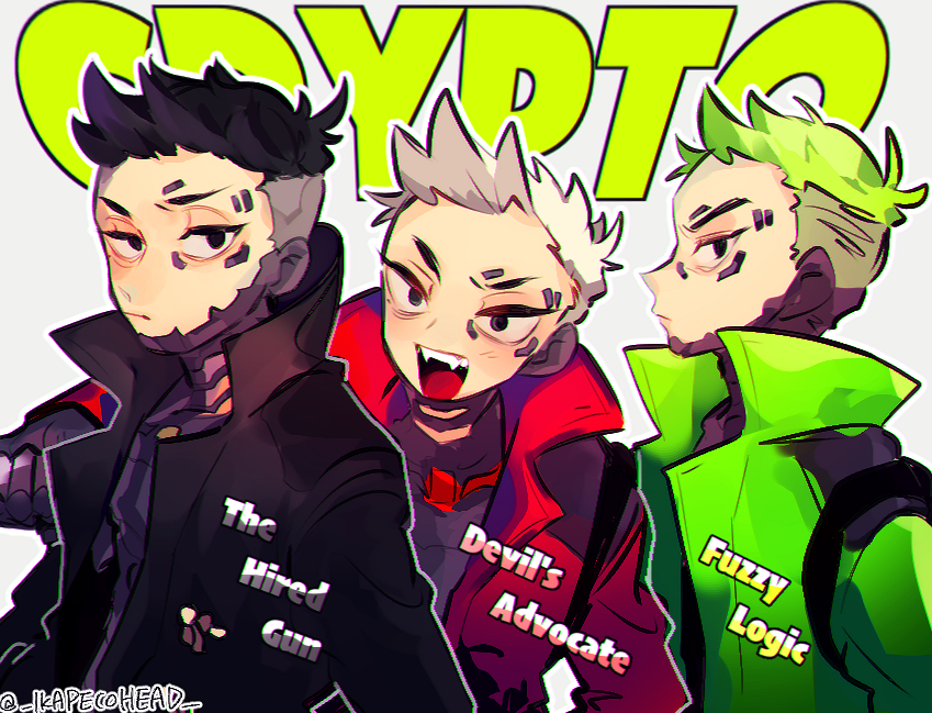 3boys apex_legends black_eyes black_jacket character_name clenched_hand crypto_(apex_legends) devil's_advocate_crypto fangs fuzzy_logic_crypto green_hair green_jacket jacket multiple_boys official_alternate_costume open_mouth red_jacket repikinoko sanpaku smile the_hired_gun_crypto undercut upper_body