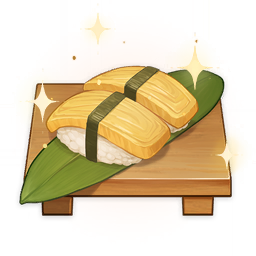 artist_request commentary cutting_board english_commentary food food_focus genshin_impact leaf lowres no_humans official_art omelet rice sparkle still_life sushi tamagoyaki third-party_source transparent_background