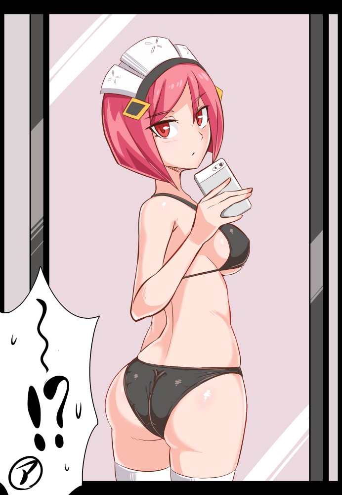 !? 1girl ass azure_striker_gunvolt azure_striker_gunvolt_2 back bangs bikini black_bikini blunt_ends bob_cut cellphone closed_mouth commentary_request cougar_(cougar1404) crotch_seam eyebrows_visible_through_hair holding holding_phone light_frown looking_at_viewer looking_back maid_headdress nowa_(gunvolt) phone red_eyes redhead short_hair skindentation smartphone solo spoken_interrobang spoken_sweatdrop standing sweatdrop swimsuit thigh-highs white_legwear