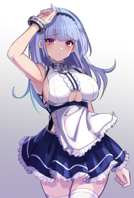 1girl anchor_choker apron arm_up azur_lane bangs blue_hair blush breasts choker clothing_cutout commentary_request dido_(azur_lane) eyebrows_visible_through_hair frills gradient gradient_background hairband large_breasts long_hair looking_at_viewer simple_background sleeveless solo thigh-highs under_boob underboob_cutout violet_eyes waist_apron white_apron white_legwear yoruhachi