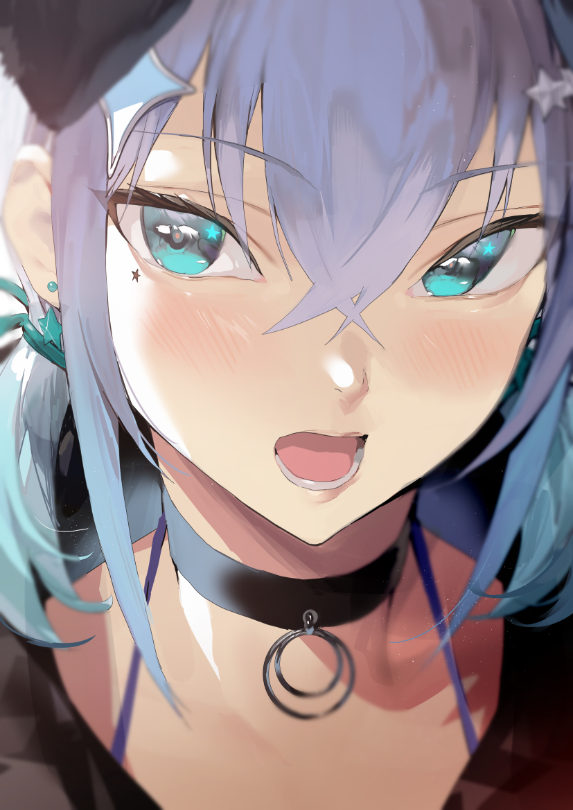 1girl black_choker blue_eyes choker commentary_request earrings face facial_mark hair_between_eyes hair_ornament ikuchan_kaoru ikuchan_kaoru_(character) indie_virtual_youtuber jewelry light_blush looking_at_viewer lower_teeth open_mouth portrait purple_hair solo spaghetti_strap star_(symbol) star_earrings star_facial_mark star_hair_ornament stud_earrings symbol_in_eye teeth