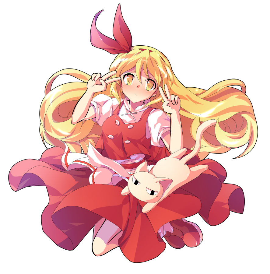 1boy 1girl alphes_(style) animal bangs blonde_hair blush breasts buttons cat closed_mouth commentary_request dairi double_v ellen_(touhou) eyebrows eyebrows_visible_through_hair full_body hair_between_eyes hairband loafers long_hair looking_at_viewer medium_breasts nose_blush parody pet puffy_short_sleeves puffy_sleeves red_footwear red_hairband red_ribbon red_shirt red_skirt ribbon shirt shoes short_sleeves skirt skirt_set smile socks sokrates_(touhou) solo style_parody tongue touhou touhou_(pc-98) transparent_background undershirt v white_cat white_legwear white_shirt yellow_eyes