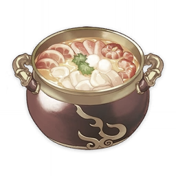 artist_request commentary english_commentary food food_focus garnish genshin_impact leaf lowres meat mushroom muted_color no_humans official_art pot shrimp soup still_life third-party_source transparent_background