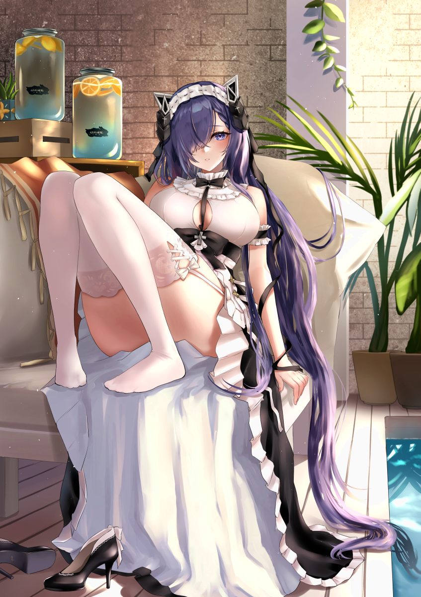 1girl arm_cuffs august_von_parseval_(azur_lane) azur_lane black_dress black_footwear black_hair black_ribbon blue_eyes blue_hair blush breasts cleavage_cutout clothing_cutout collar commentary convenient_leg couch dress eyebrows_visible_through_hair eyelashes food frilled_collar frills fruit full_body garter_straps hair_over_one_eye hair_ribbon high_heels highres horns indoors jar large_breasts long_hair looking_at_viewer lyche_(lychexo) lying maid_headdress neck_ribbon no_shoes on_back orange_(fruit) orange_slice parted_lips plant potted_plant ribbon shoes shoes_removed sleeveless sleeveless_dress soles solo sunlight thigh-highs thighs white_legwear wooden_floor