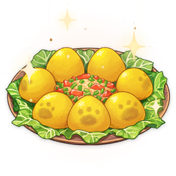 artist_request bread_bun commentary english_commentary food food_focus genshin_impact lettuce lowres no_humans official_art paw_print plate sparkle still_life third-party_source transparent_background