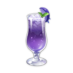 artist_request commentary cup drink drinking_glass english_commentary food food_focus fruit garnish genshin_impact ice ice_cube leaf lowres no_humans official_art purple_theme still_life third-party_source transparent_background