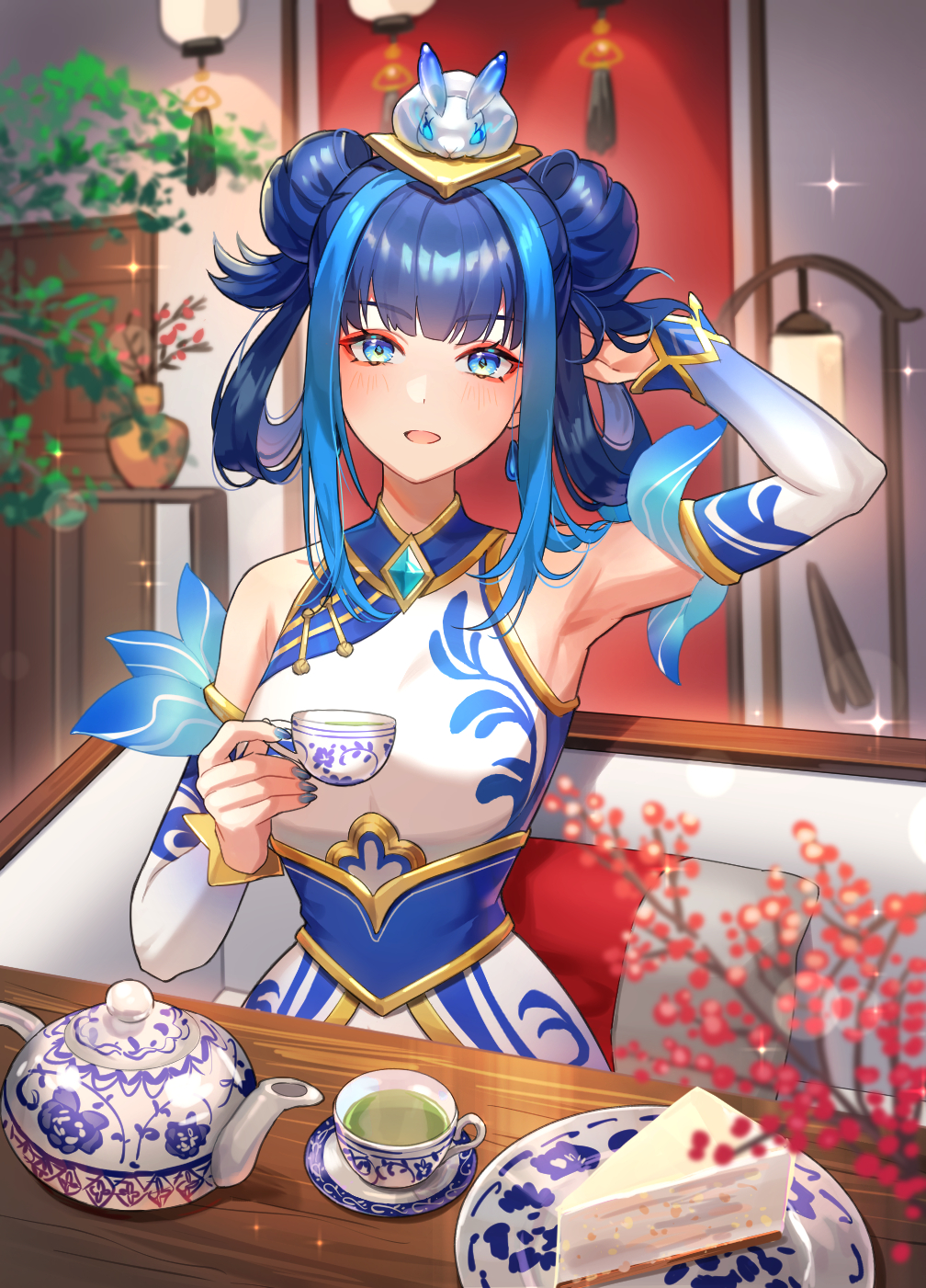 1girl arm_up armpits bangs blue_eyes blurry blurry_foreground blush breasts cake chibi_vanille cup detached_sleeves double_bun eyebrows_visible_through_hair food hair_ornament hand_up highres holding holding_cup indoors lamp large_breasts league_of_legends looking_at_viewer lux_(league_of_legends) medium_hair mug open_mouth plate porcelain porcelain_lux rabbit shiny shiny_hair sitting smile solo sparkle tea