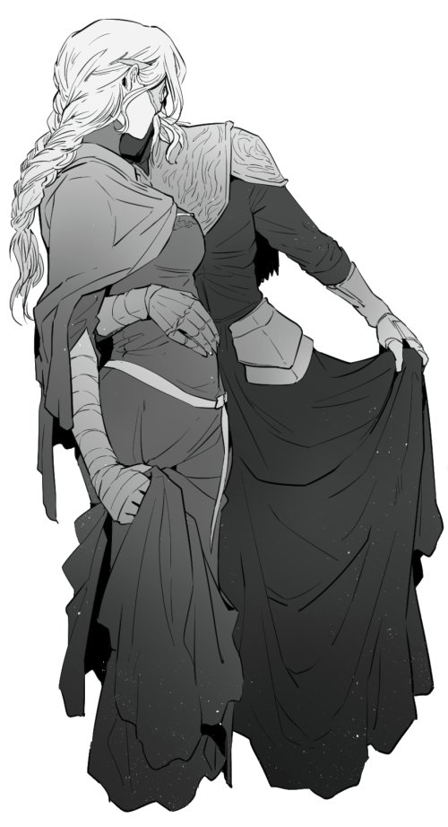 2girls armor armored_dress bandaged_wrist bandages braid covered_eyes dark_souls_(series) dark_souls_iii dress fire_keeper gauntlets hand_on_another's_waist long_dress long_hair multiple_girls third-party_source timnehparrot yuri yuria_of_londor