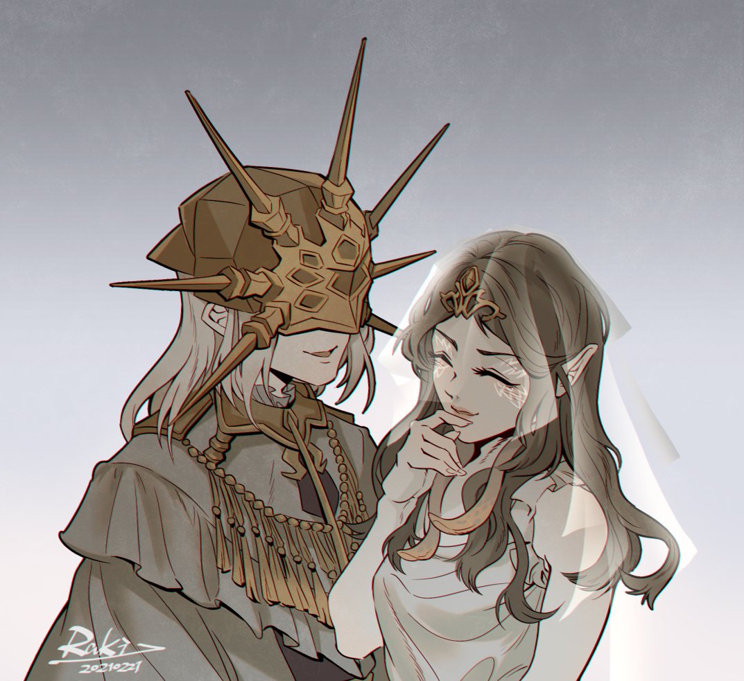 1boy 1girl brother_and_sister brown_hair closed_eyes company_captain_yorshka covered_eyes dark_souls_(series) dark_sun_gwyndolin gold_trim helmet_over_eyes long_hair robe siblings smile veil