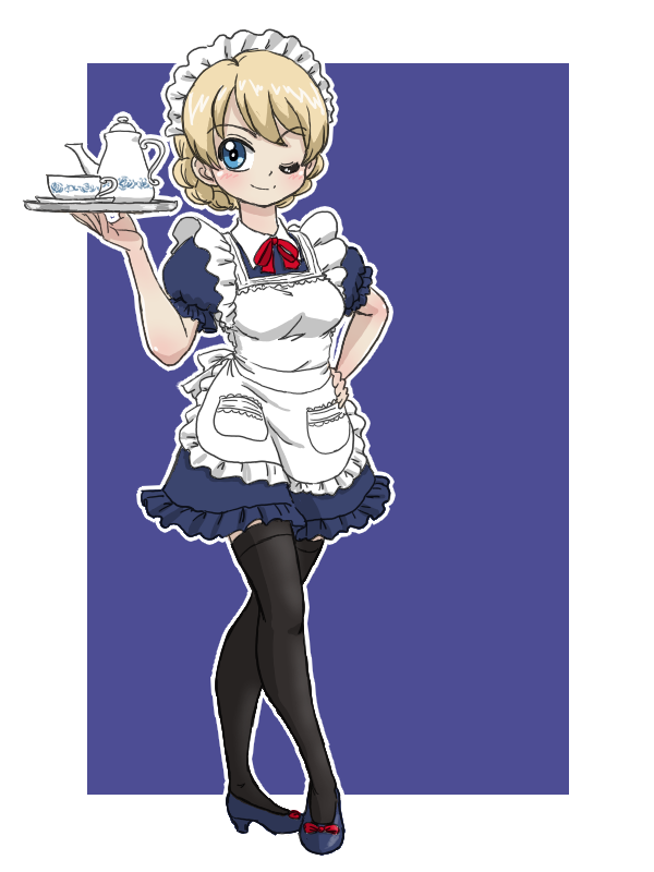 1girl ;) alternate_costume apron bangs black_legwear blonde_hair blue_background blue_eyes blue_footwear braid closed_mouth collared_dress commentary cup darjeeling_(girls_und_panzer) dress enmaided eyebrows_visible_through_hair frilled_dress frilled_sleeves frills full_body girls_und_panzer hand_on_hip high_heels holding holding_tray looking_at_viewer maid maid_apron maid_headdress neck_ribbon one_eye_closed outline outside_border puffy_short_sleeves puffy_sleeves red_ribbon ribbon saucer short_dress short_hair short_sleeves smile solo standing takahashi_kurage teacup teapot textless thigh-highs tied_hair tray twin_braids white_apron white_outline wing_collar