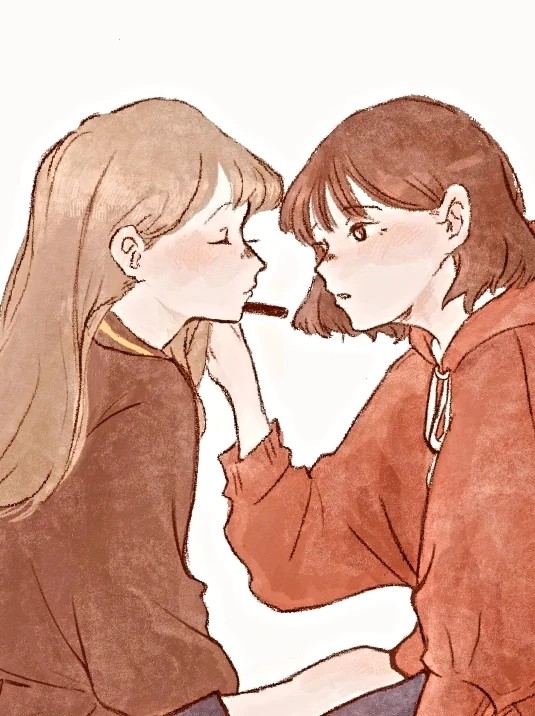 2girls brown_eyes brown_hair brown_sweater closed_eyes closed_mouth commentary drawstring hood hoodie hsu-jo light_brown_hair long_hair long_sleeves looking_at_another multiple_girls original parted_lips red_hoodie short_hair simple_background sitting sweater upper_body white_background