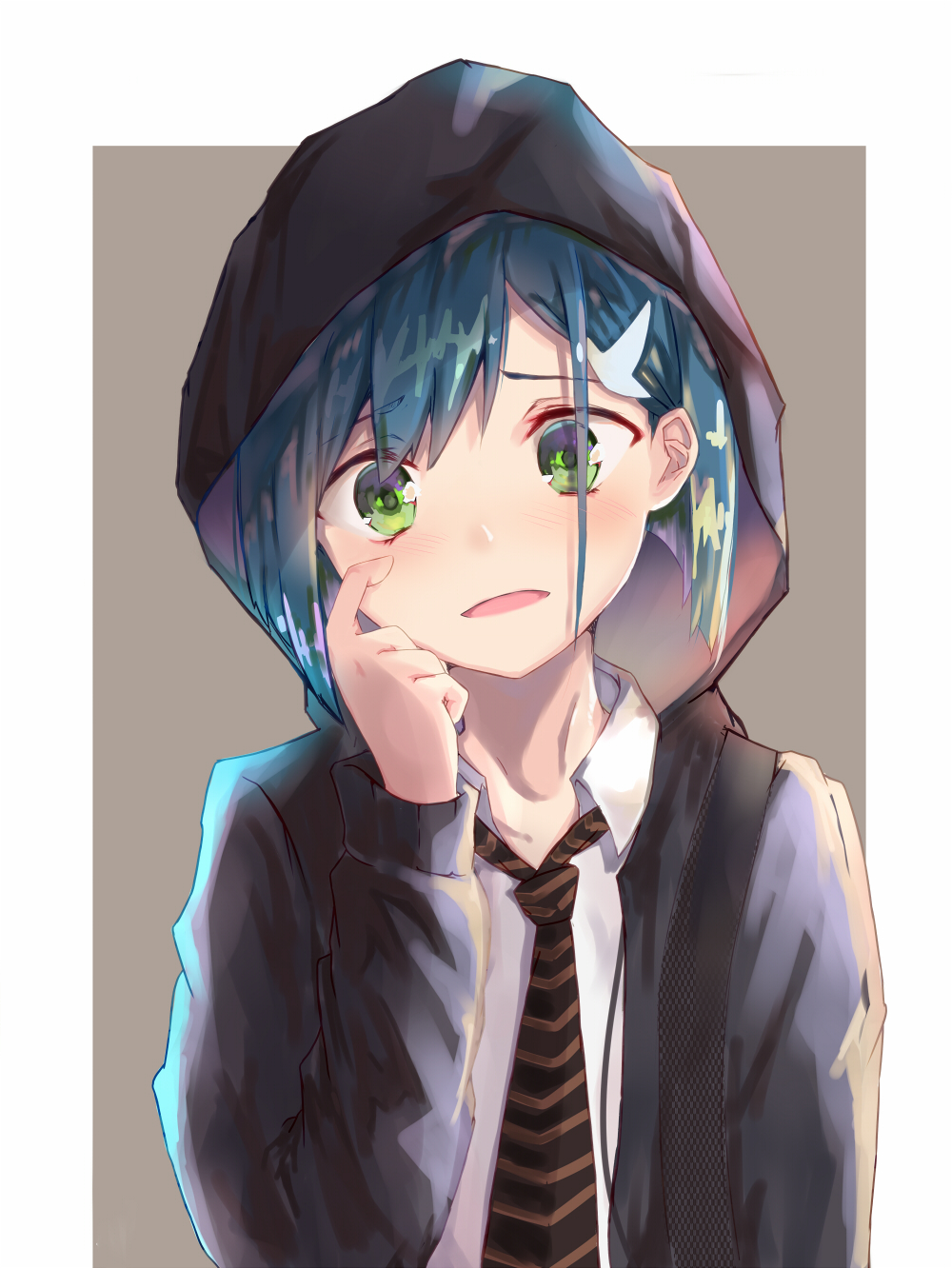 1girl bangs black_bag black_hoodie black_necktie blue_hair blush bob_cut brown_background brown_necktie commentary darling_in_the_franxx dress_shirt green_eyes hair_ornament hairclip head_tilt highres hood hood_up hoodie ichigo_(darling_in_the_franxx) long_sleeves looking_at_viewer necktie outside_border parted_lips raised_eyebrows scratching_cheek shirt short_hair solo strap striped_necktie tony42668 upper_body white_shirt