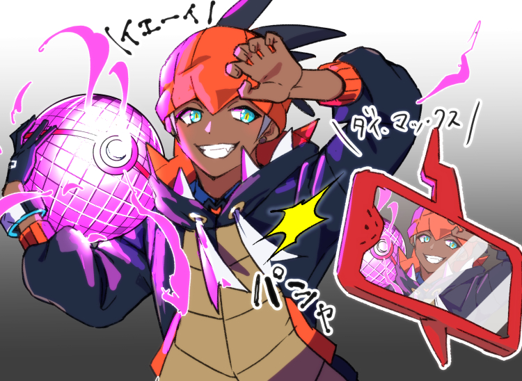 1boy black_gloves black_hair blue_eyes claw_pose dark-skinned_male dark_skin ear_piercing gloves gradient gradient_background grin hat holding hood hood_down jacket jewelry male_focus piercing poke_ball pokemon pokemon_(game) pokemon_swsh raihan_(pokemon) rotom rotom_phone simple_background single_glove smile translation_request upper_body yoruhachi