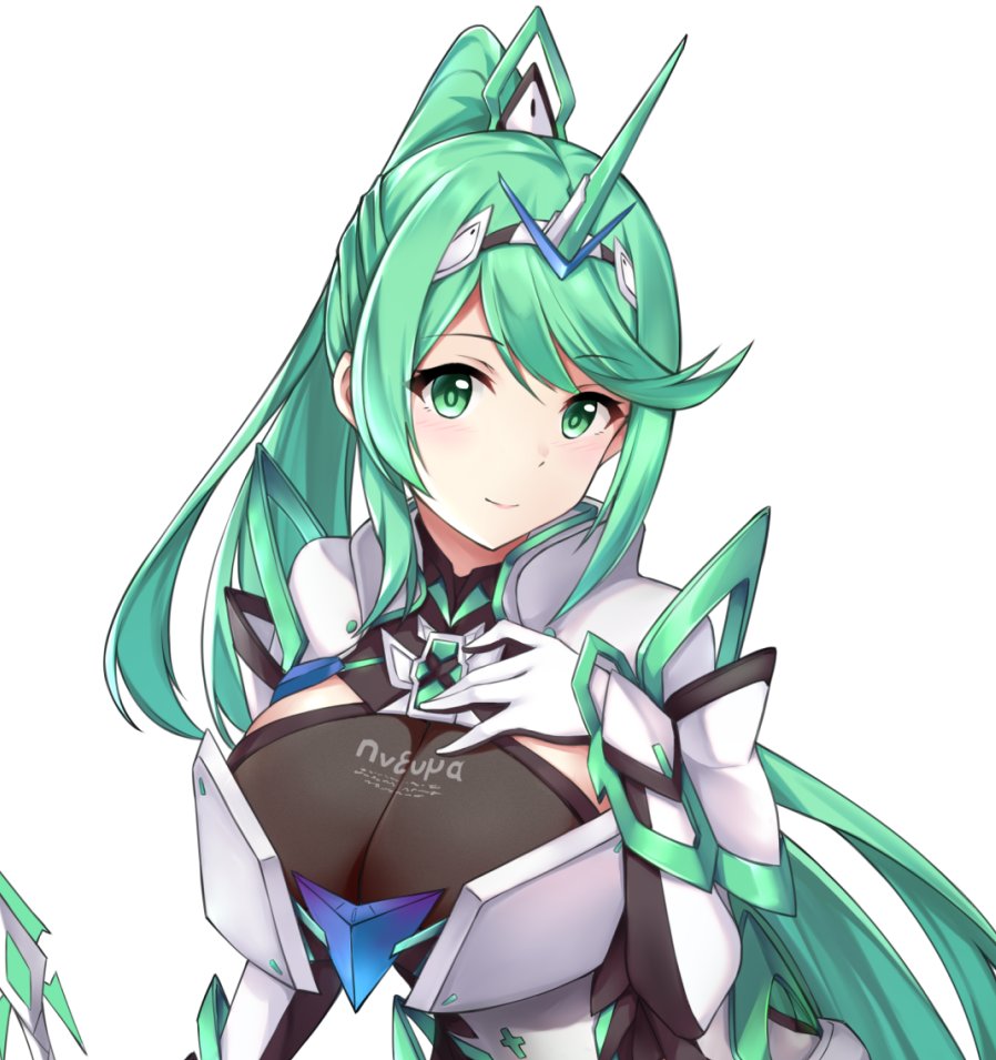 1girl armor bangs blush breast_press breasts chest_jewel dress earrings gem gloves greek_text green_eyes green_hair hair_ornament headpiece jewelry large_breasts long_hair looking_at_viewer mythra_(xenoblade) nintendo one_eye_closed pneuma_(xenoblade) ponytail pyra_(xenoblade) simple_background smile solo swept_bangs tiara upper_body very_long_hair white_background xenoblade_chronicles_(series) xenoblade_chronicles_2 xiao_qi