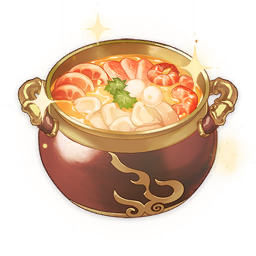 artist_request commentary english_commentary food food_focus garnish genshin_impact leaf lowres meat mushroom no_humans official_art pot shrimp soup sparkle still_life third-party_source transparent_background