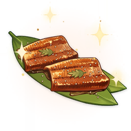 artist_request commentary english_commentary fish_(food) food food_focus garnish genshin_impact leaf lowres meat no_humans official_art sesame_seeds sparkle still_life third-party_source transparent_background
