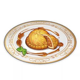 artist_request commentary english_commentary food food_focus genshin_impact leaf lowres no_humans official_art pie plate sauce still_life third-party_source transparent_background