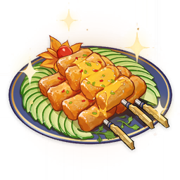 artist_request cherry_tomato commentary cucumber cucumber_slice english_commentary food food_focus genshin_impact lowres meat no_humans official_art plate sauce skewer sparkle still_life third-party_source tomato transparent_background