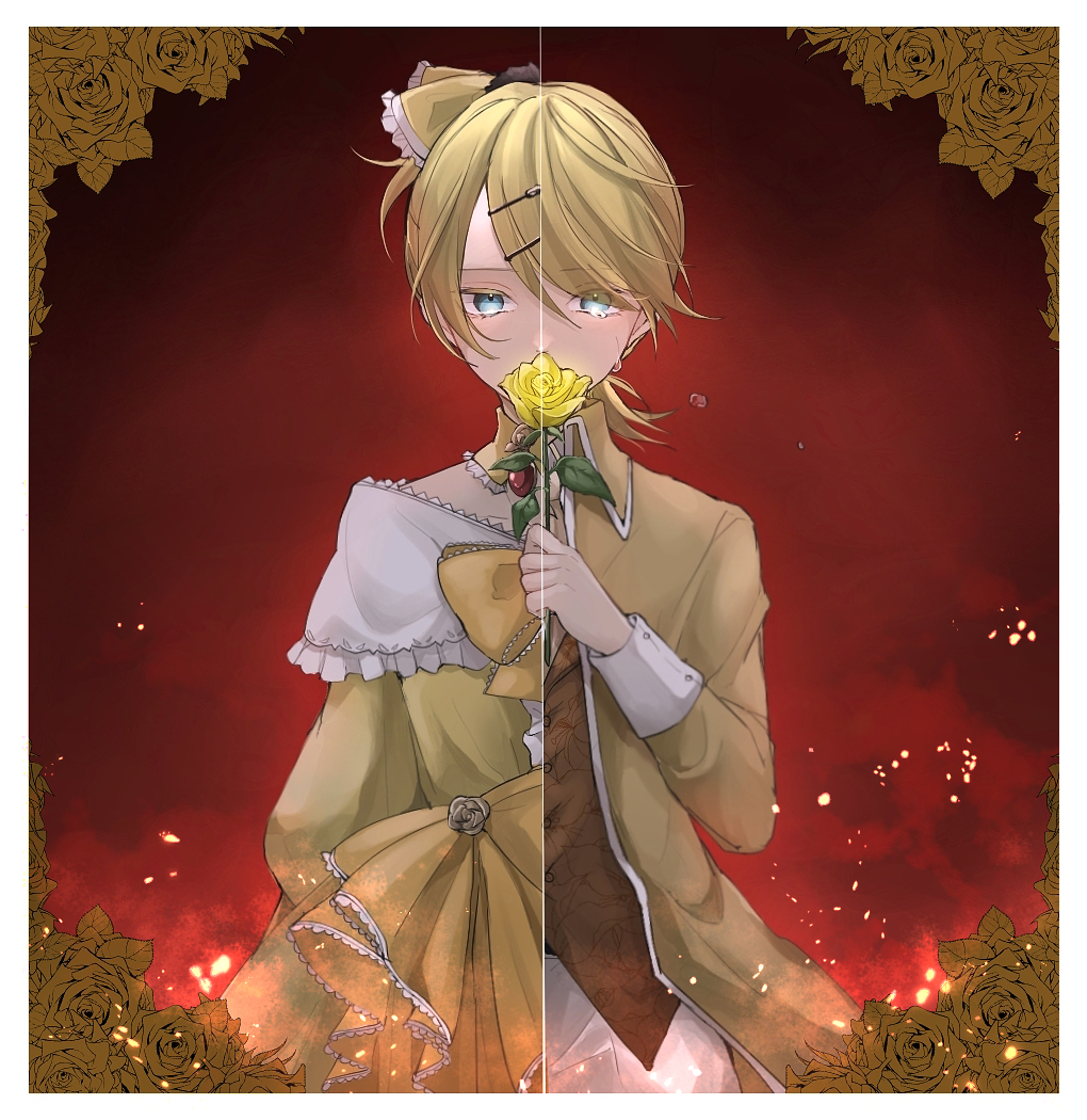 1boy aku_no_meshitsukai_(vocaloid) allen_avadonia aqua_eyes ascot bangs blonde_hair bow choker crossdressing crying crying_with_eyes_open dress dress_bow earrings embers evillious_nendaiki flower flower_to_mouth framed frilled_dress frills hair_bow hair_ornament hairclip holding holding_flower impersonation jacket jewelry kagamine_len pants paripariparingo red_background rose solo split_image streaming_tears swept_bangs tears updo vocaloid white_pants yellow_dress yellow_flower yellow_jacket yellow_rose