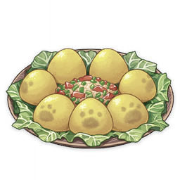 artist_request bread_bun commentary english_commentary food food_focus genshin_impact lettuce lowres muted_color no_humans official_art paw_print plate still_life third-party_source transparent_background