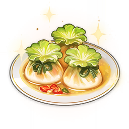 artist_request commentary dumpling english_commentary food food_focus genshin_impact lowres no_humans official_art plate sauce sparkle still_life third-party_source transparent_background