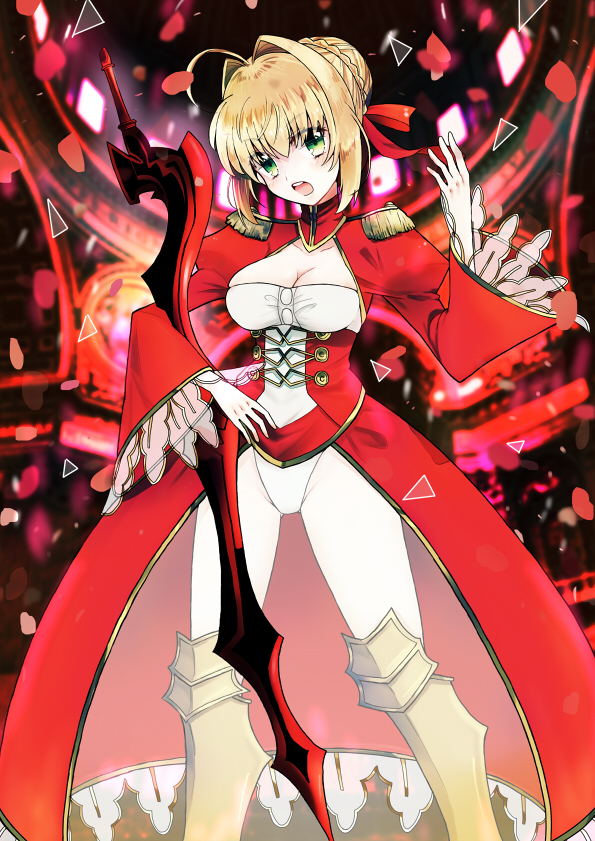 1girl aestus_estus ahoge blonde_hair blurry braid breasts cleavage commentary_request corset dress epaulettes fate/extra fate/grand_order fate_(series) flower french_braid green_eyes hair_flower hair_intakes hair_ornament hair_ribbon highres juliet_sleeves large_breasts long_sleeves looking_at_viewer meroko_(merokonbu0) nero_claudius_(fate) nero_claudius_(fate)_(all) ocean petals puffy_sleeves red_dress red_ribbon ribbon saber_extra see-through short_hair smile solo sword weapon wide_sleeves