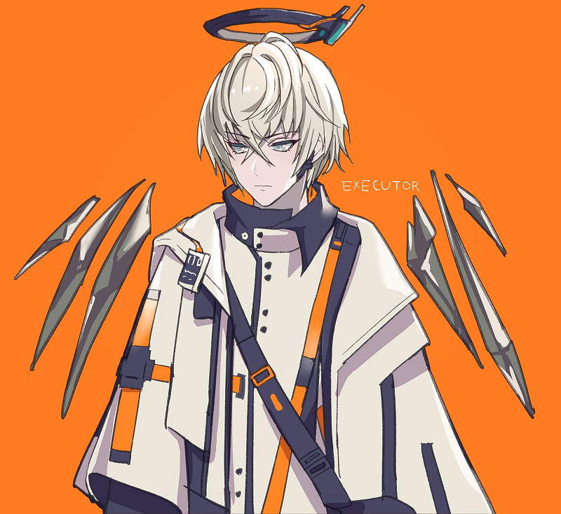 1boy arknights bag bangs crossed_bangs detached_wings executor_(arknights) grey_eyes hair_between_eyes id_card jacket male_focus mechanical_halo orange_background platinum_blonde_hair simple_background solo upper_body wings yoruhachi