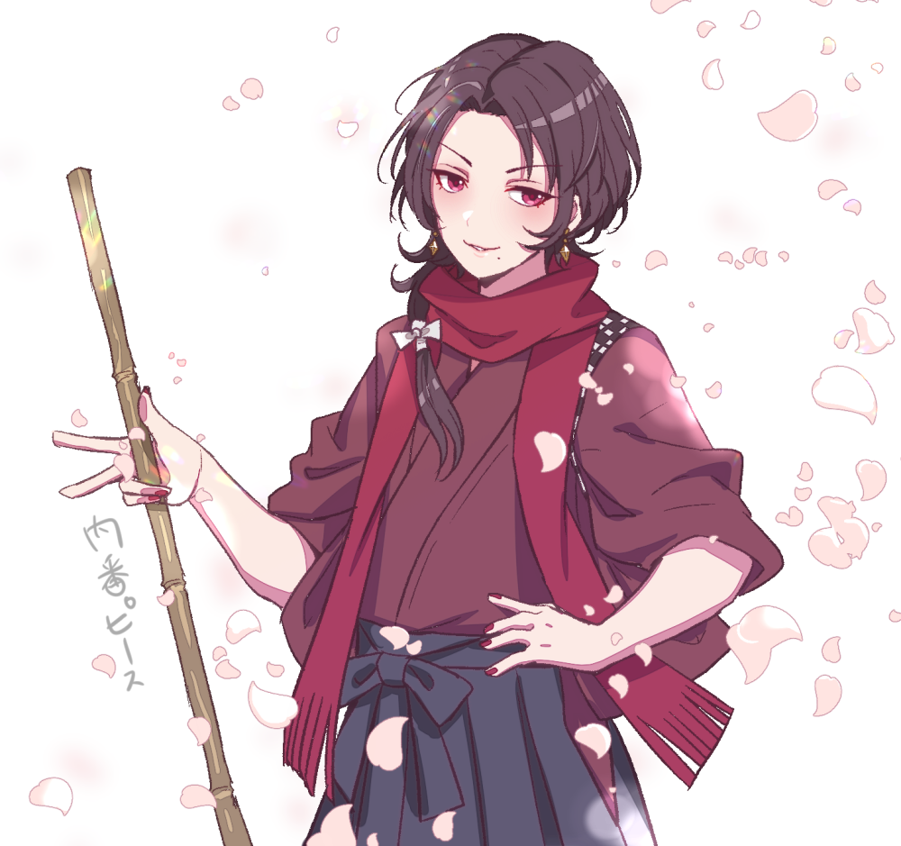 1boy black_hair broom earrings holding holding_broom japanese_clothes jewelry kashuu_kiyomitsu male_focus mole mole_under_mouth parted_lips petals red_eyes red_scarf scarf simple_background solo tasuki touken_ranbu upper_body v white_background yoruhachi