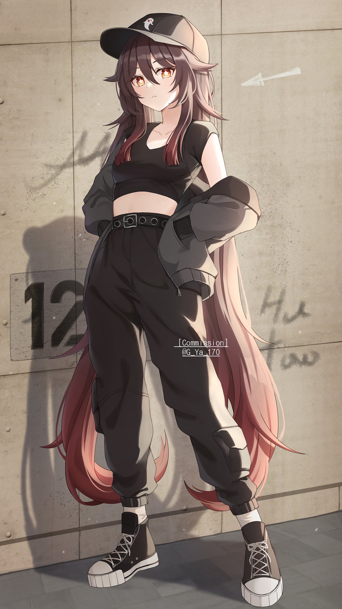 1girl baseball_cap black_footwear black_headwear black_jacket black_pants black_shirt breasts brown_eyes brown_hair character_name closed_mouth collarbone commentary commission crop_top english_commentary flower-shaped_pupils full_body genshin_impact graffiti gya_(144) hat highres hu_tao_(genshin_impact) jacket long_hair looking_at_viewer off_shoulder outdoors pants shirt shoes short_sleeves small_breasts sneakers solo symbol-shaped_pupils very_long_hair