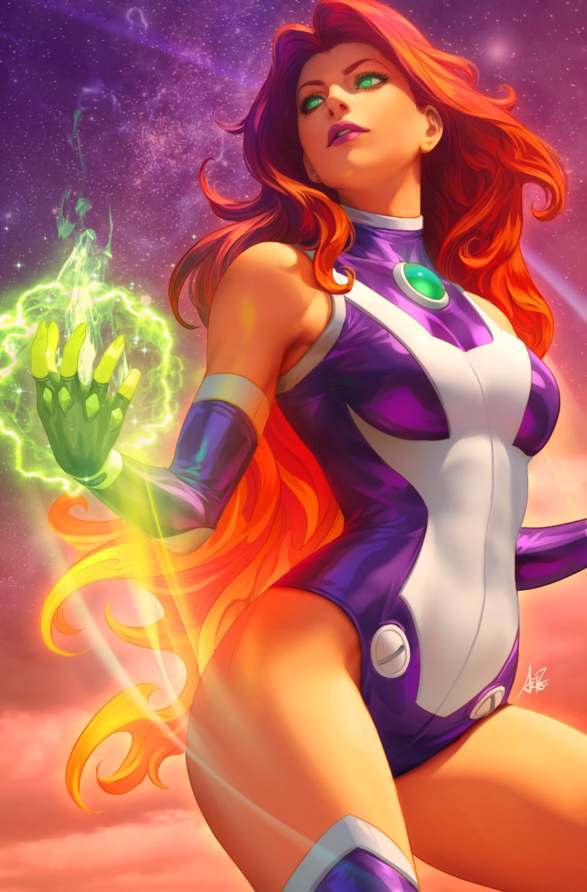 1girl bare_shoulders breasts colored_skin commentary dc_comics english_commentary green_eyes highres large_breasts lipstick long_hair looking_away makeup orange_skin outdoors parted_lips pink_lips redhead solo stanley_lau starfire teen_titans thick_thighs thighs very_long_hair