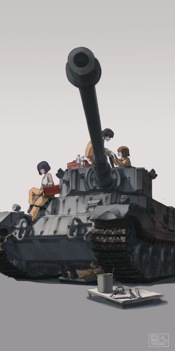 4girls bucket dark-skinned_female dark_skin dated drink girls_und_panzer gloves ground_vehicle highres hoshino_(girls_und_panzer) jumpsuit looking_at_another looking_back mechanic military military_vehicle motor_vehicle multiple_girls nakajima_(girls_und_panzer) shoes short_hair smile suzuki_(girls_und_panzer) tank tank_top tiger_(p) toolbox tools tsuchiya_(girls_und_panzer) useless white_background white_gloves wrench