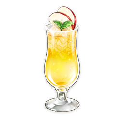 apple apple_slice artist_request commentary cup drink drinking_glass english_commentary food food_focus fruit garnish genshin_impact ice ice_cube leaf lowres no_humans official_art still_life third-party_source transparent_background yellow_theme
